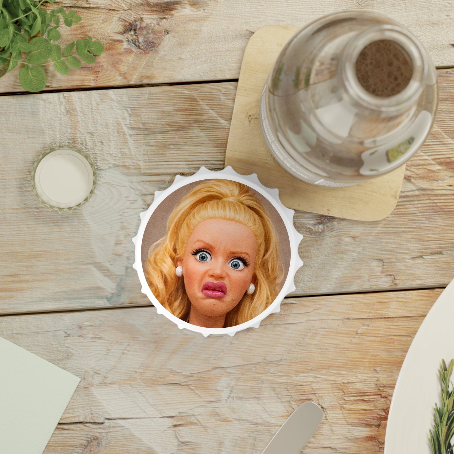 Funny Blonde Doll Face Bottle Opener — Novelty Bar Tool, Gag Gift for Friends & Parties