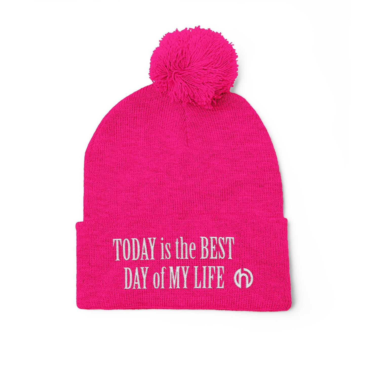 Today Is The Best Day Of My Life POM-POM KNIT Embroidered Beanie (WHITE EMBROIDERY)
