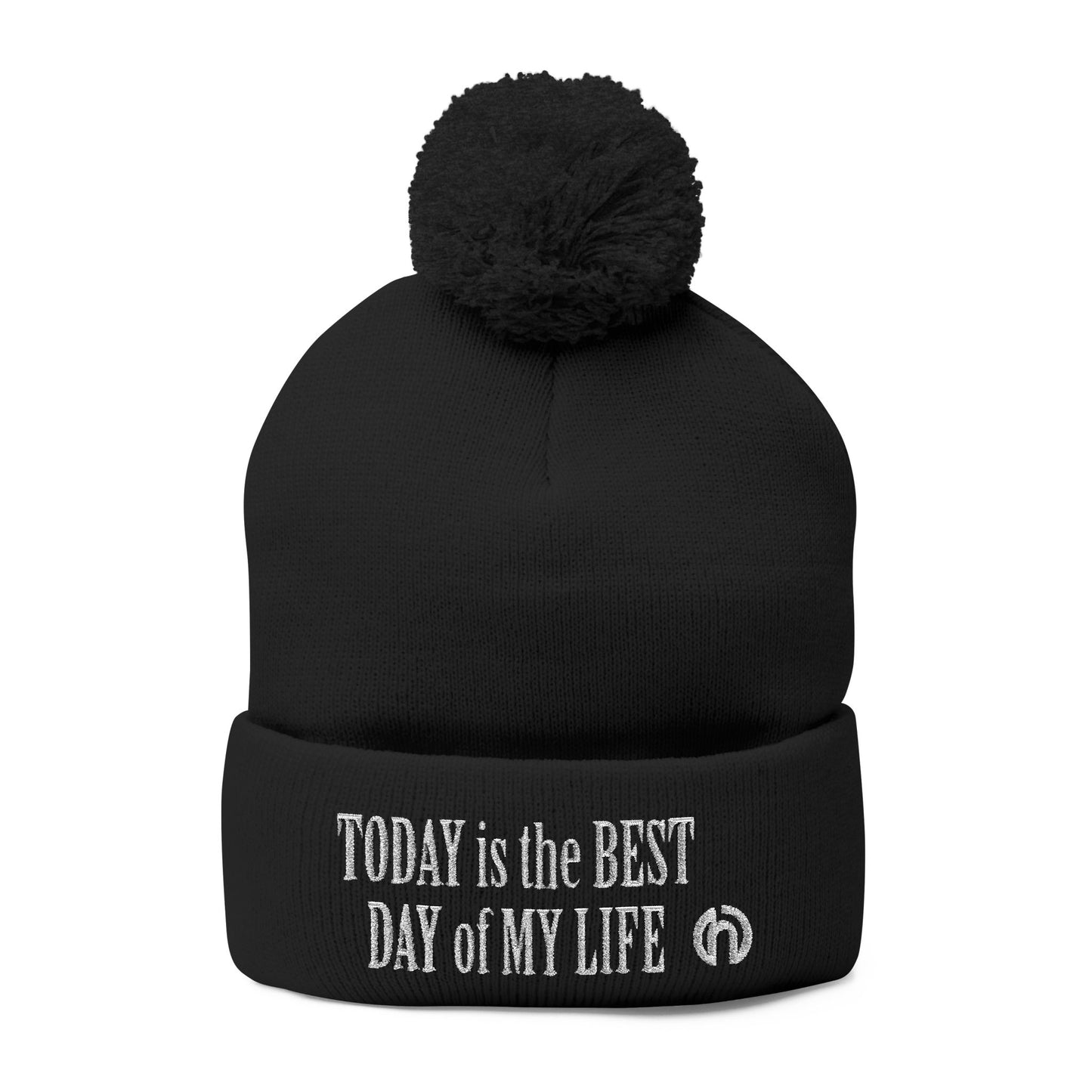 Today Is The Best Day Of My Life POM-POM KNIT Embroidered Beanie (WHITE EMBROIDERY)