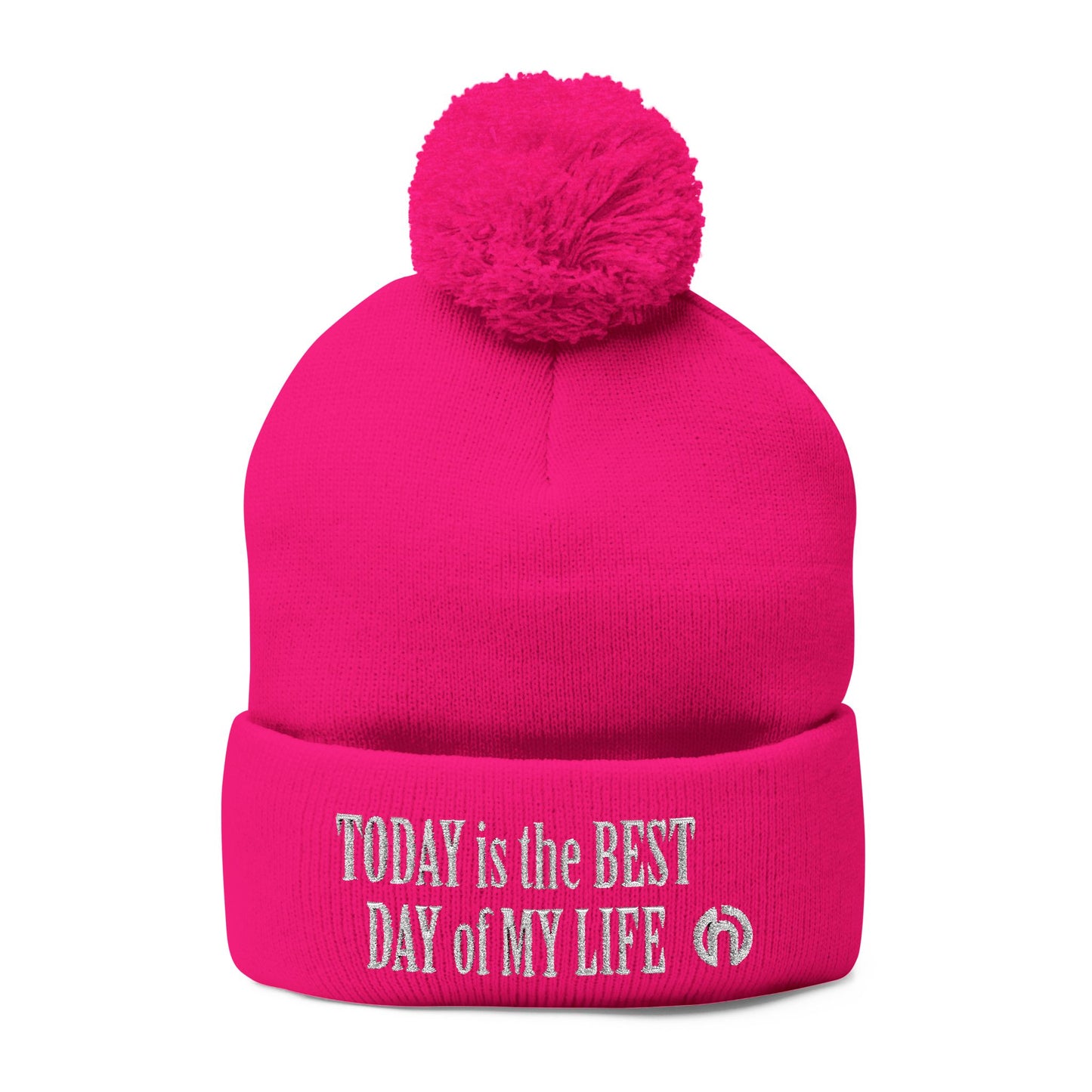 Today Is The Best Day Of My Life POM-POM KNIT Embroidered Beanie (WHITE EMBROIDERY)