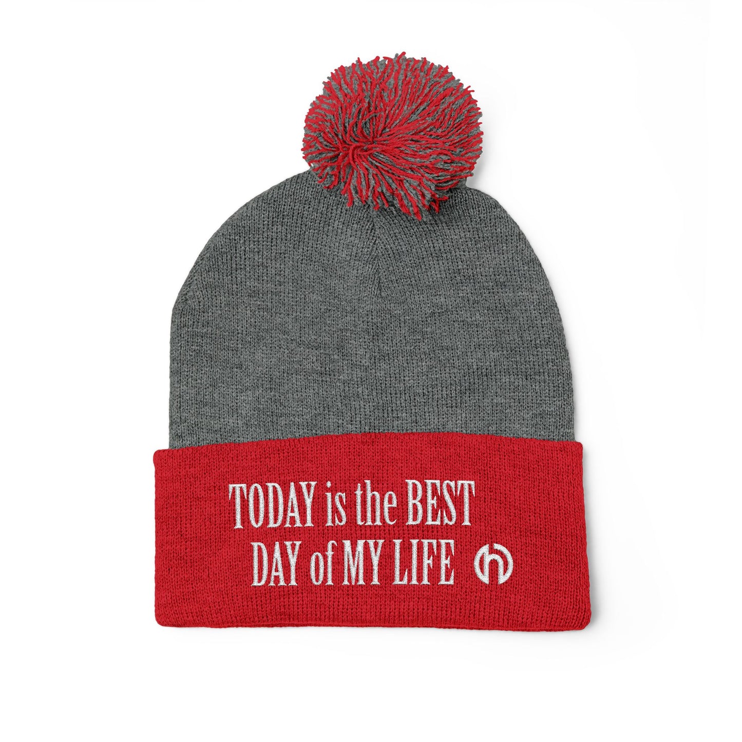 Today Is The Best Day Of My Life POM-POM KNIT Embroidered Beanie (WHITE EMBROIDERY)