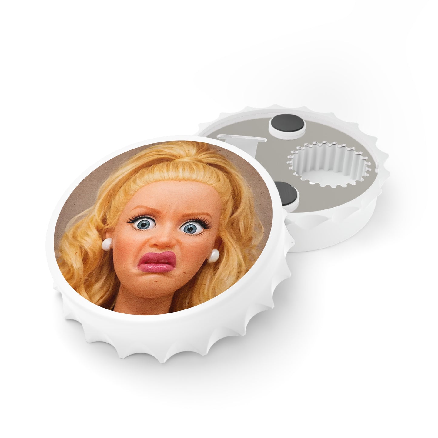 Funny Blonde Doll Face Bottle Opener — Novelty Bar Tool, Gag Gift for Friends & Parties