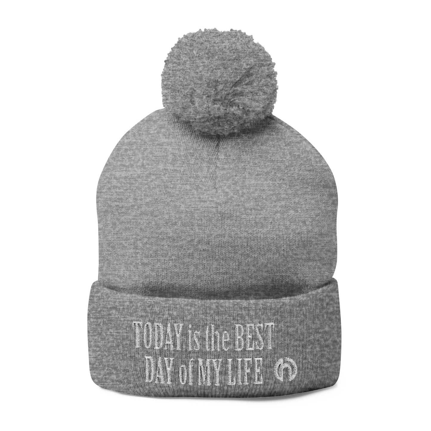Today Is The Best Day Of My Life POM-POM KNIT Embroidered Beanie (WHITE EMBROIDERY)