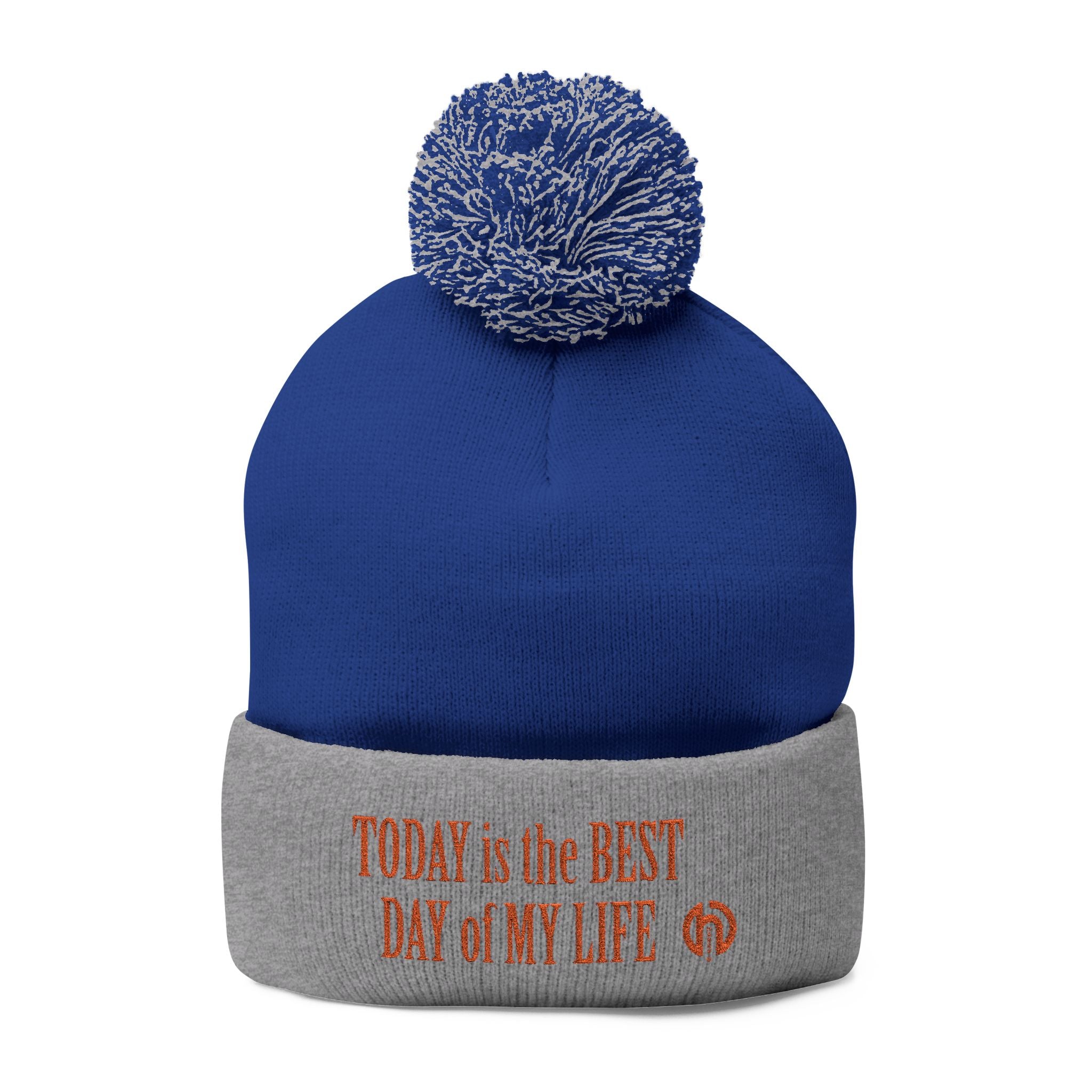 Pom-Pom Knit Cap — Embroidered “Today Is The Best Day Of My Life” Beanie
