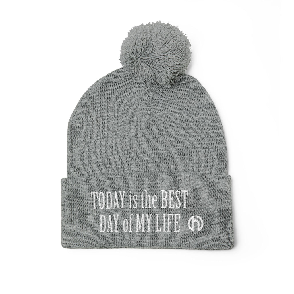 Today Is The Best Day Of My Life POM-POM KNIT Embroidered Beanie (WHITE EMBROIDERY)