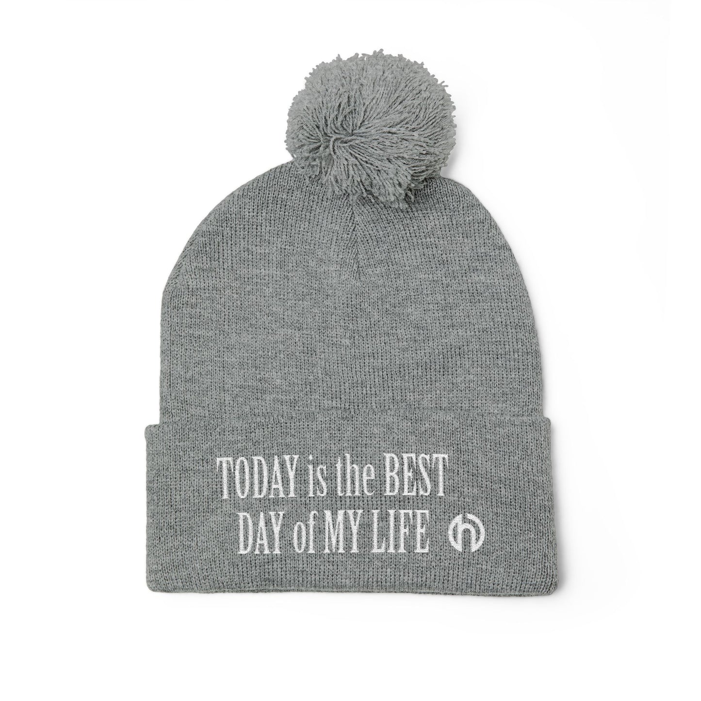 Today Is The Best Day Of My Life POM-POM KNIT Embroidered Beanie (WHITE EMBROIDERY)