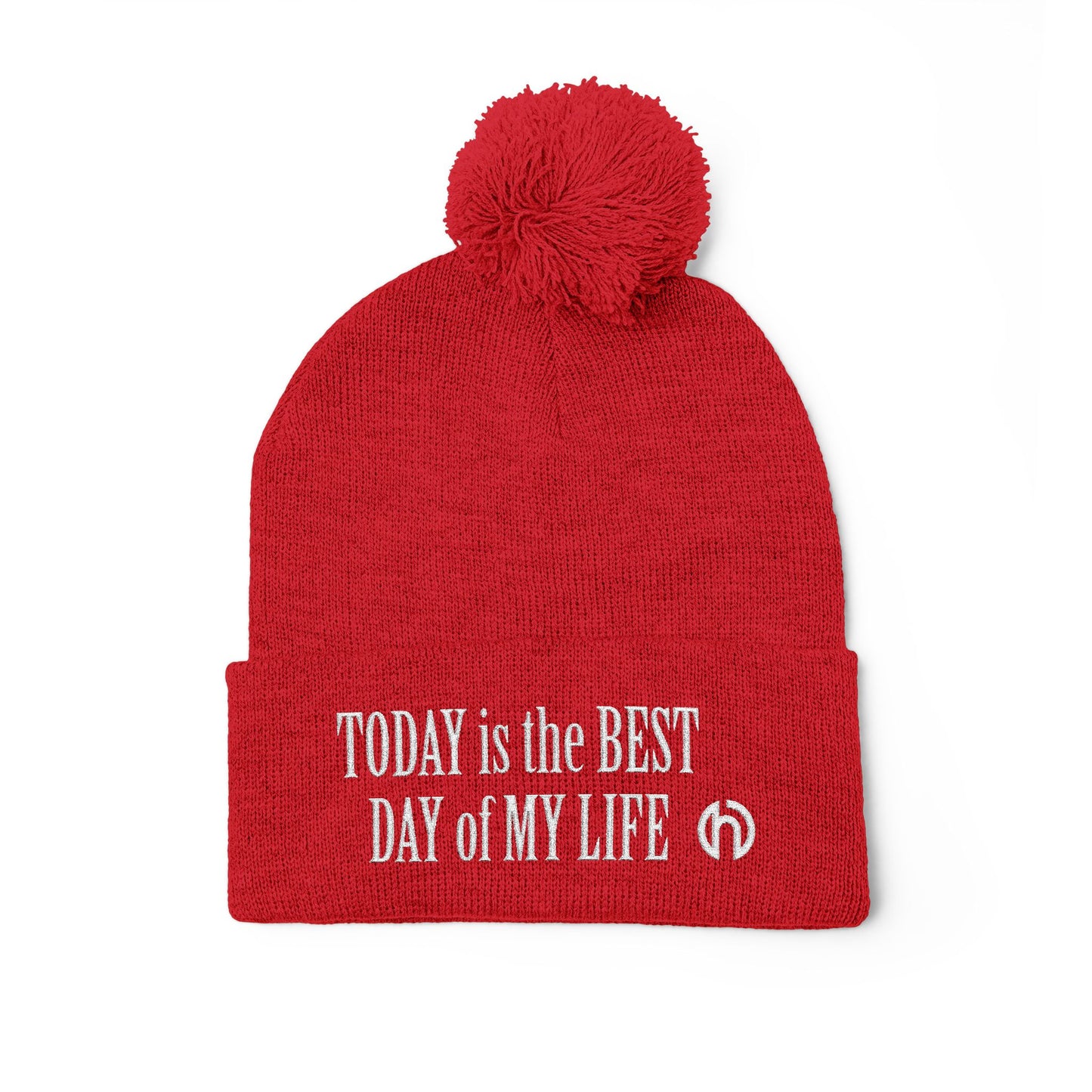 Today Is The Best Day Of My Life POM-POM KNIT Embroidered Beanie (WHITE EMBROIDERY)