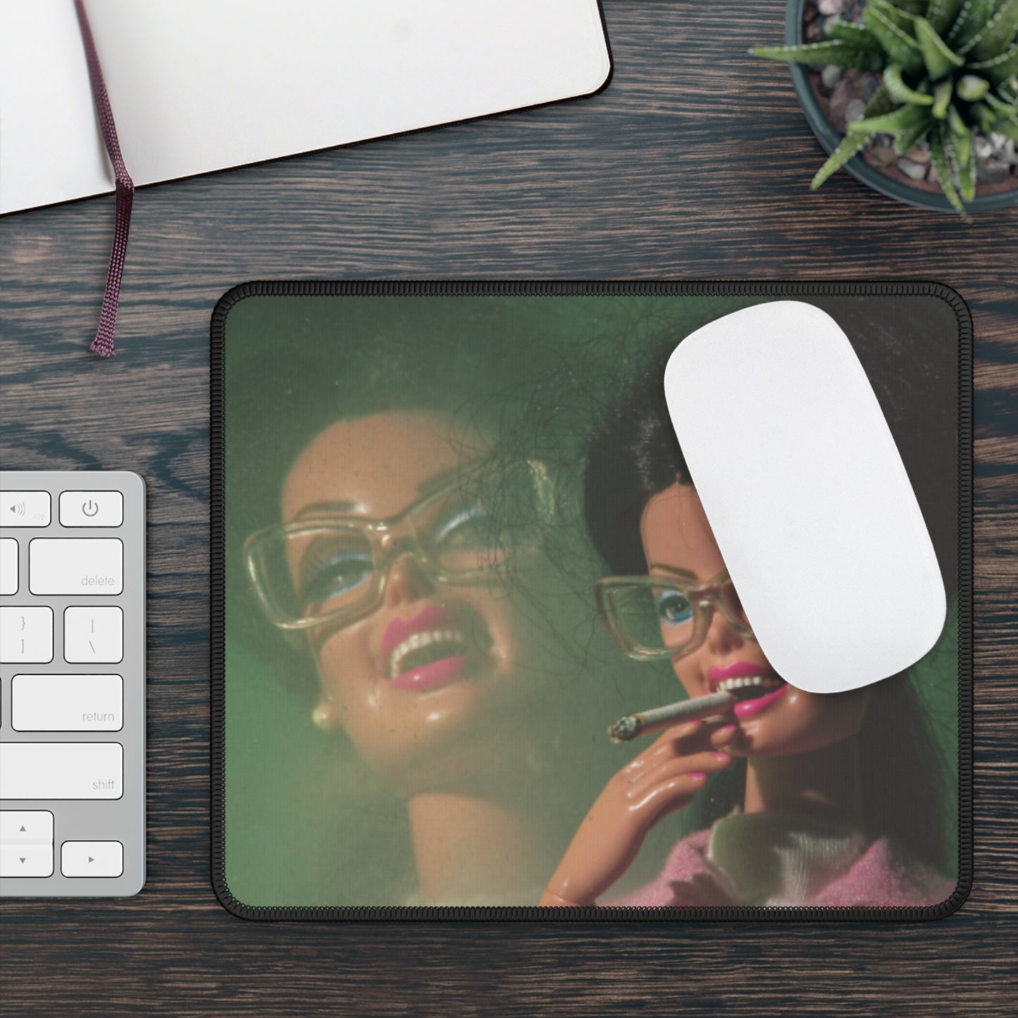 Alter Ego Dark Hair w Glasses Funny Doll Face Distressed Gaming Mouse Pad