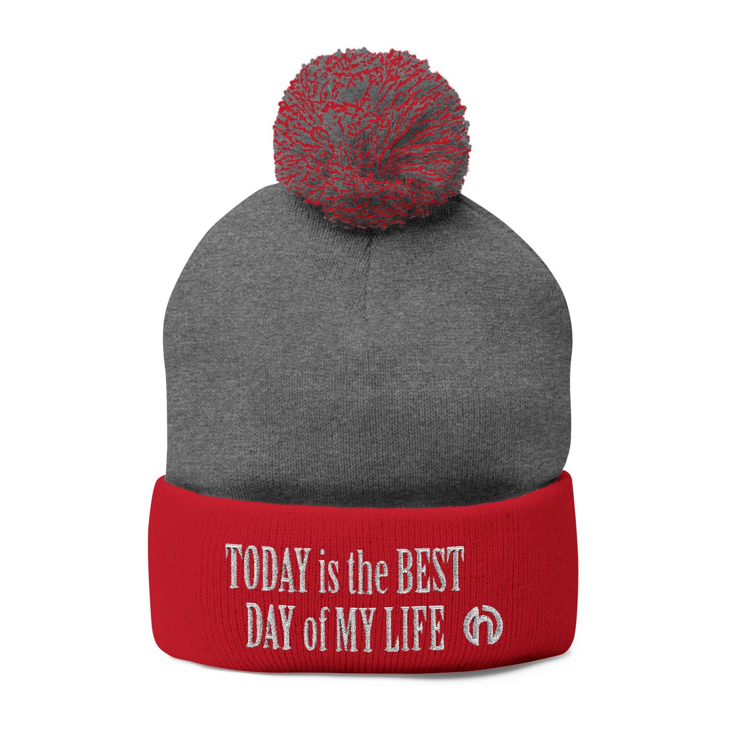 Today Is The Best Day Of My Life POM-POM KNIT Embroidered Beanie (WHITE EMBROIDERY)