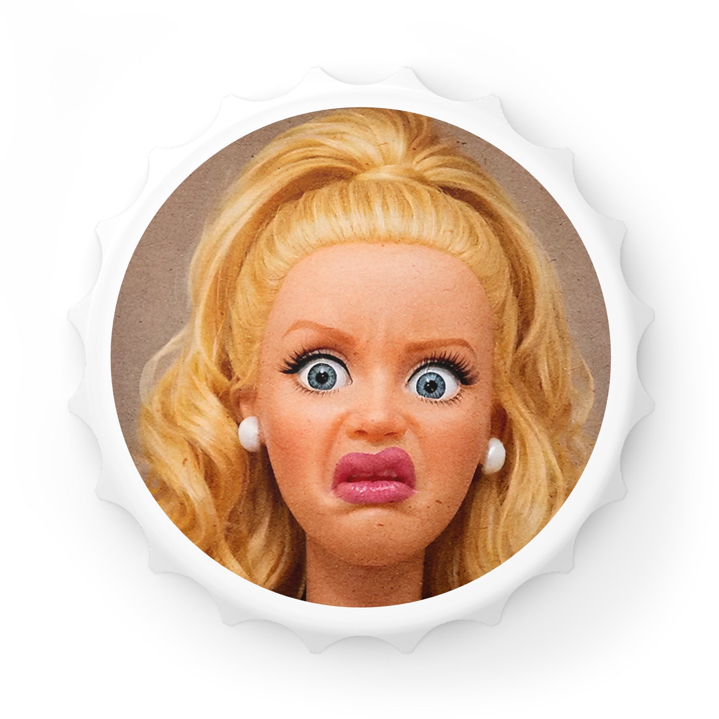 Funny Blonde Doll Face Bottle Opener — Novelty Bar Tool, Gag Gift for Friends & Parties