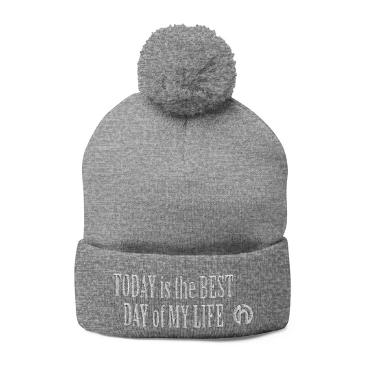 Today Is The Best Day Of My Life POM-POM KNIT Embroidered Beanie (WHITE EMBROIDERY)