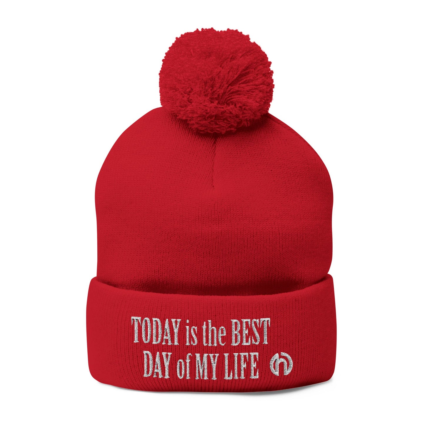 Today Is The Best Day Of My Life POM-POM KNIT Embroidered Beanie (WHITE EMBROIDERY)