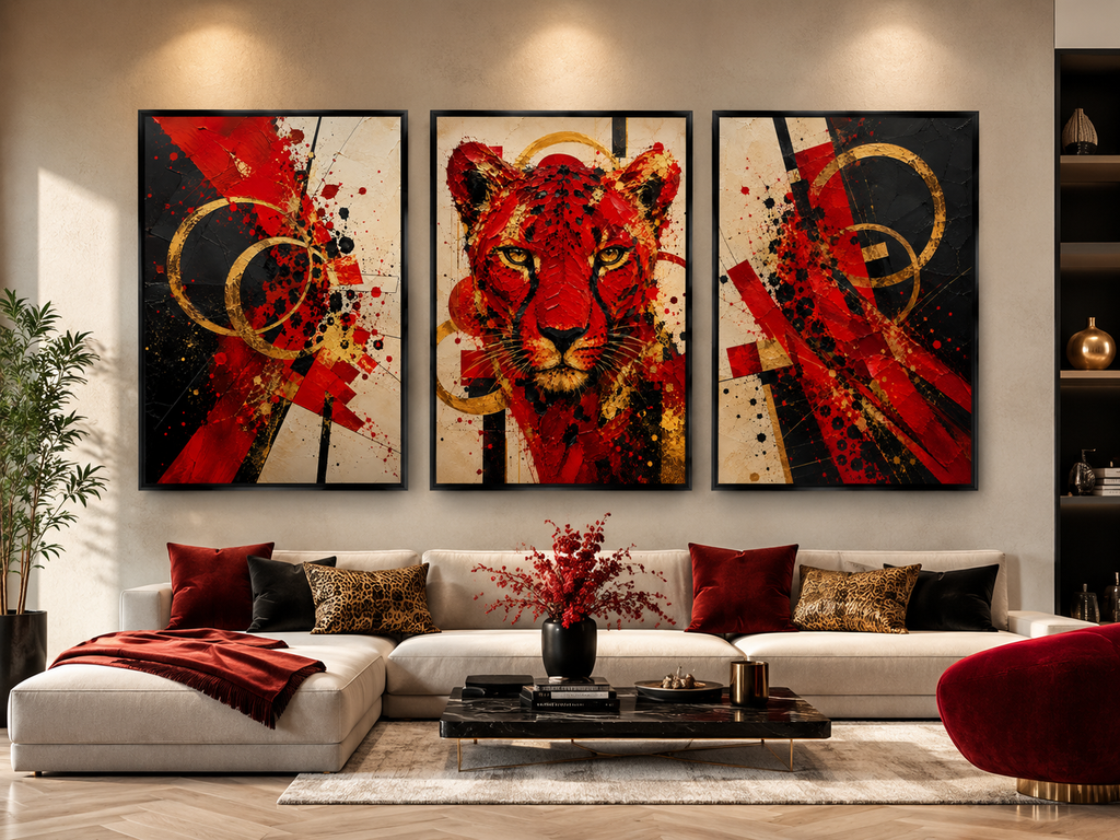 Imperial Safari: Crimson Cheetah Collection 3-piece TRIPTYCH WALL ART