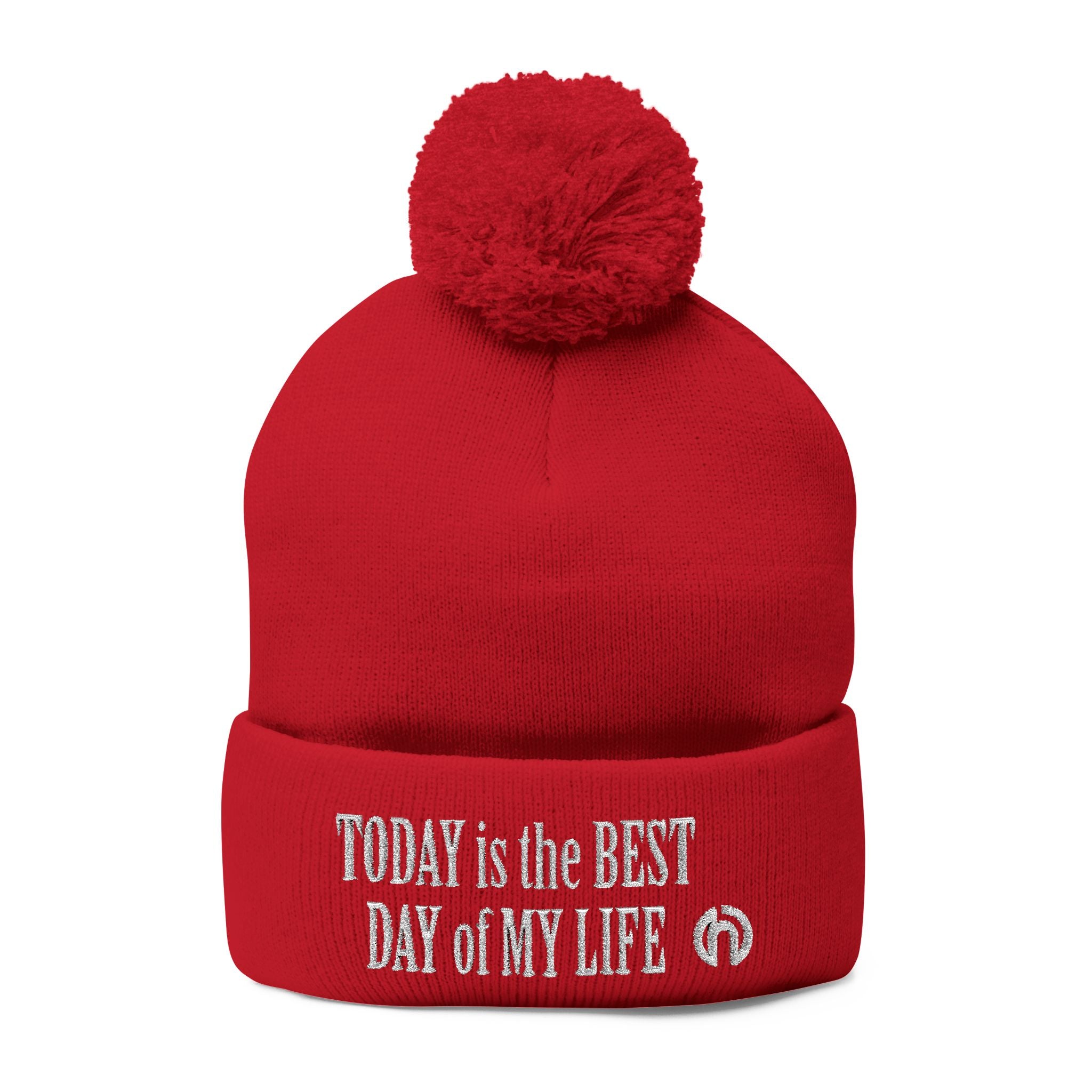 Today Is The Best Day Of My Life POM-POM KNIT Embroidered Beanie (WHITE EMBROIDERY)