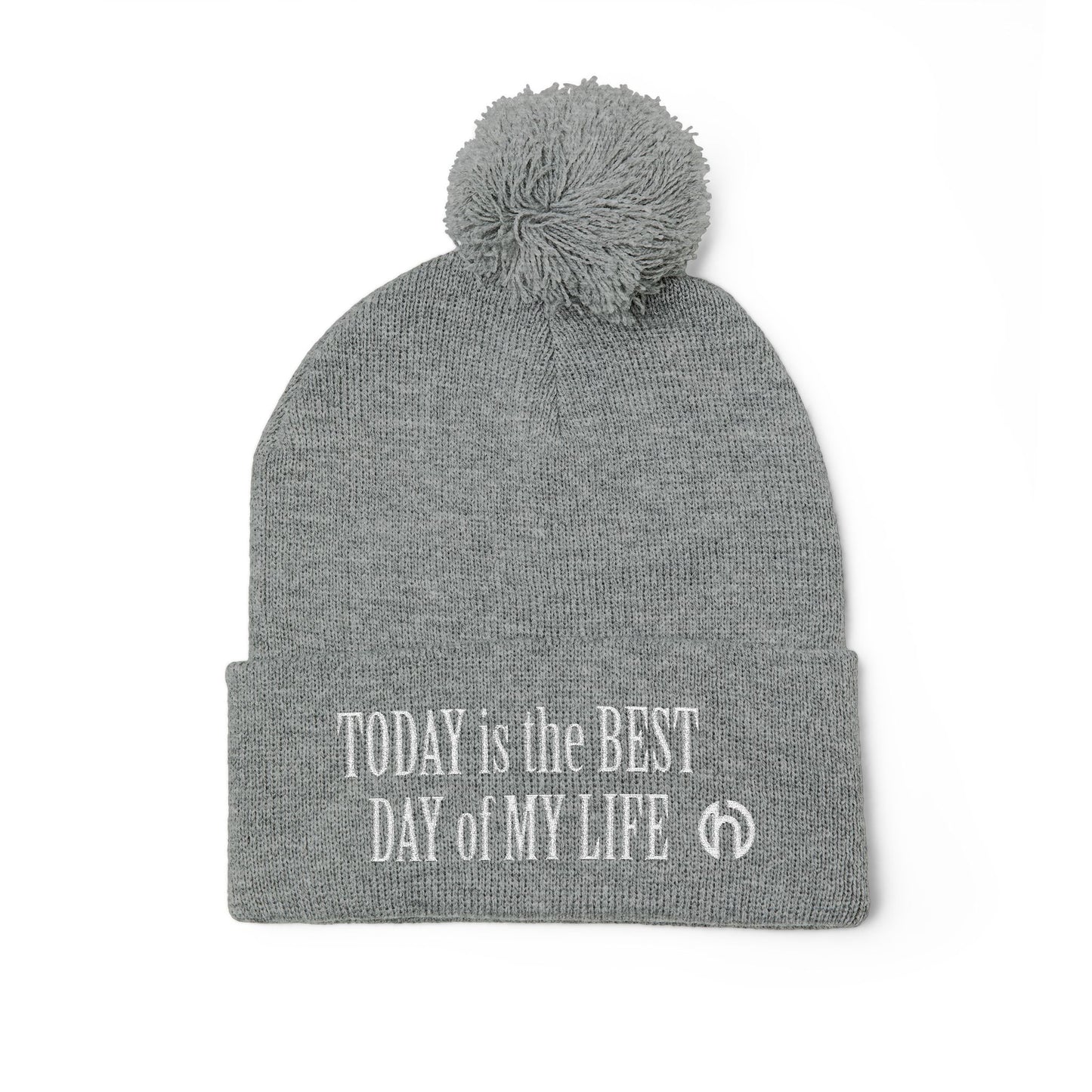 Today Is The Best Day Of My Life POM-POM KNIT Embroidered Beanie (WHITE EMBROIDERY)