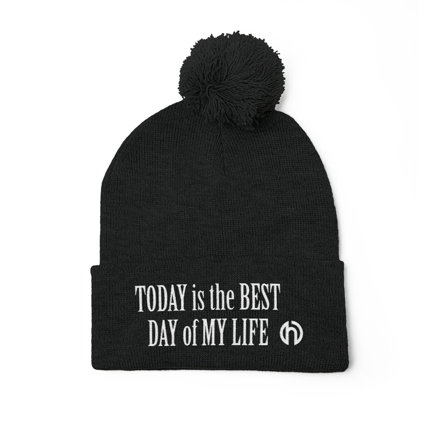 Today Is The Best Day Of My Life POM-POM KNIT Embroidered Beanie (WHITE EMBROIDERY)