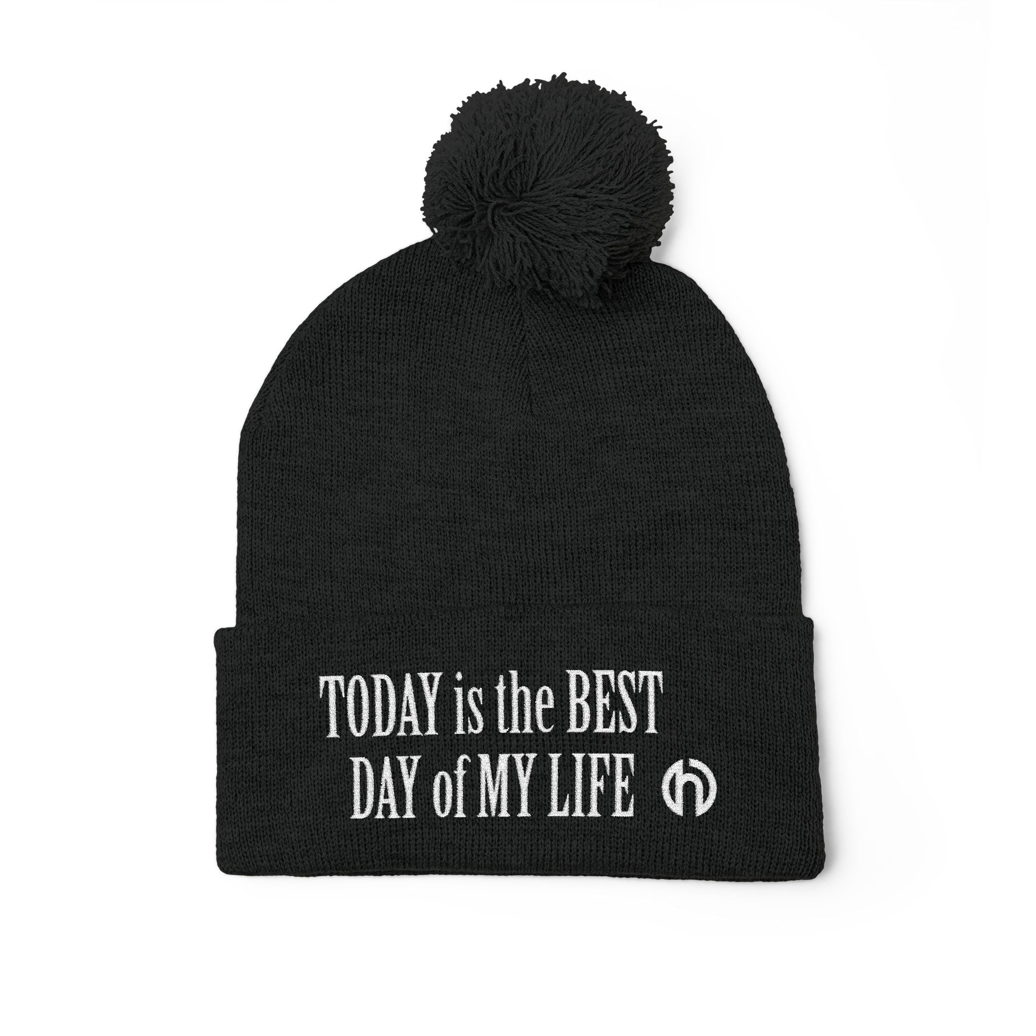 Today Is The Best Day Of My Life POM-POM KNIT Embroidered Beanie (WHITE EMBROIDERY)