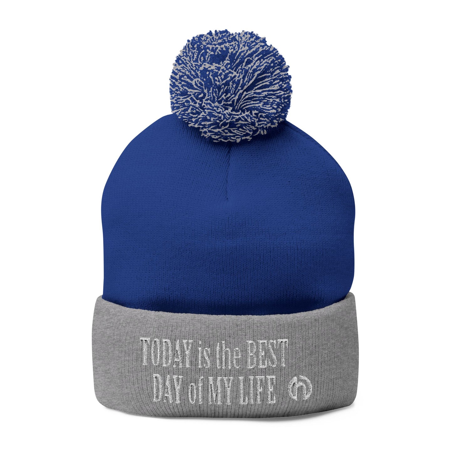 Today Is The Best Day Of My Life POM-POM KNIT Embroidered Beanie (WHITE EMBROIDERY)