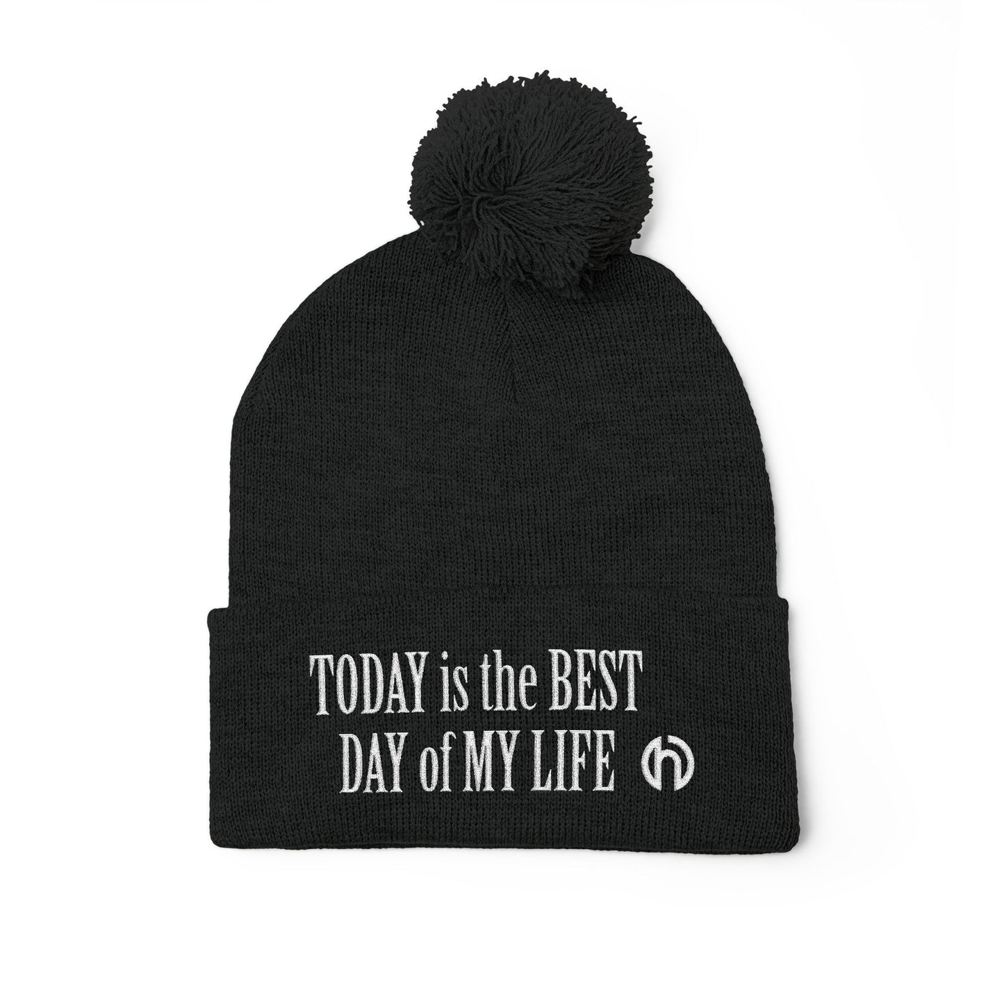 Today Is The Best Day Of My Life POM-POM KNIT Embroidered Beanie (WHITE EMBROIDERY)
