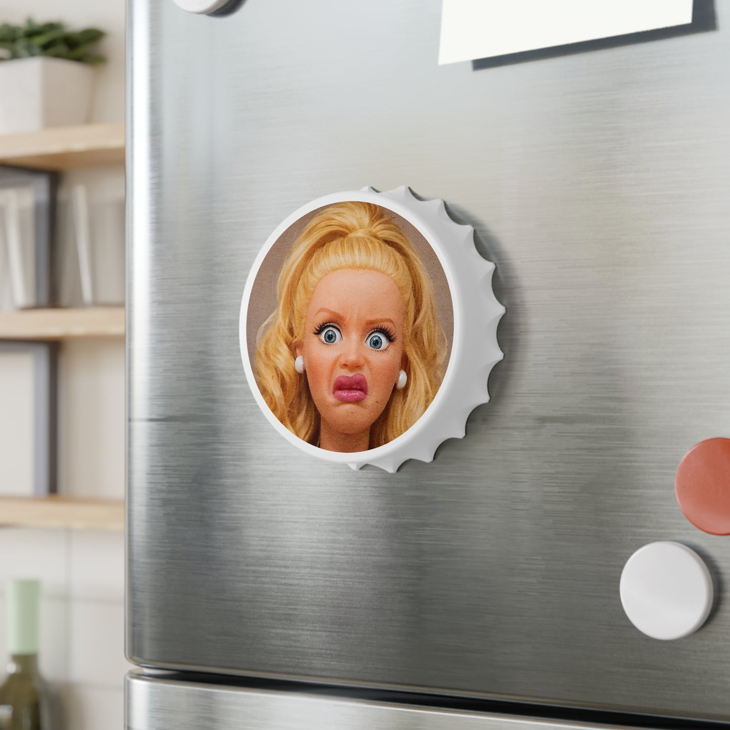 Funny Blonde Doll Face Bottle Opener — Novelty Bar Tool, Gag Gift for Friends & Parties