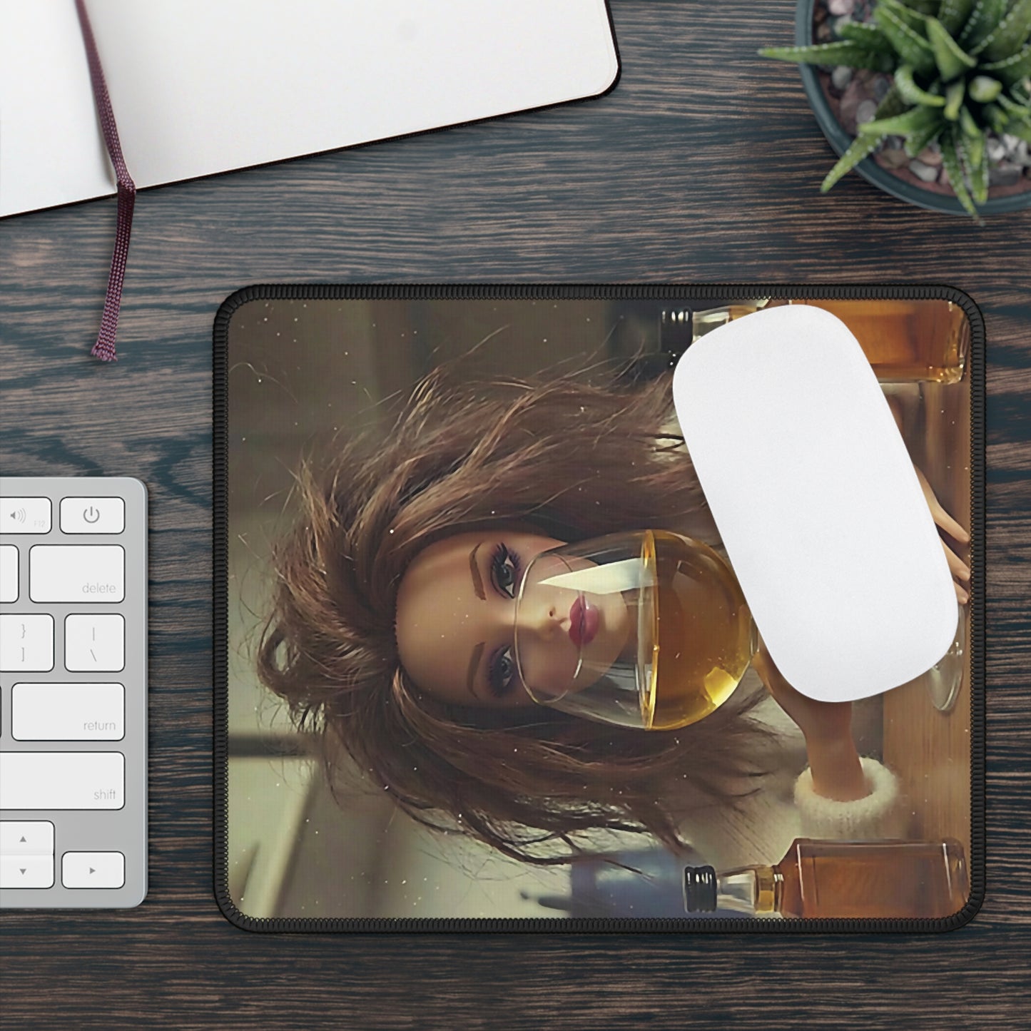 Wine O'clock Distressed Funny Doll Face Mouse Pad