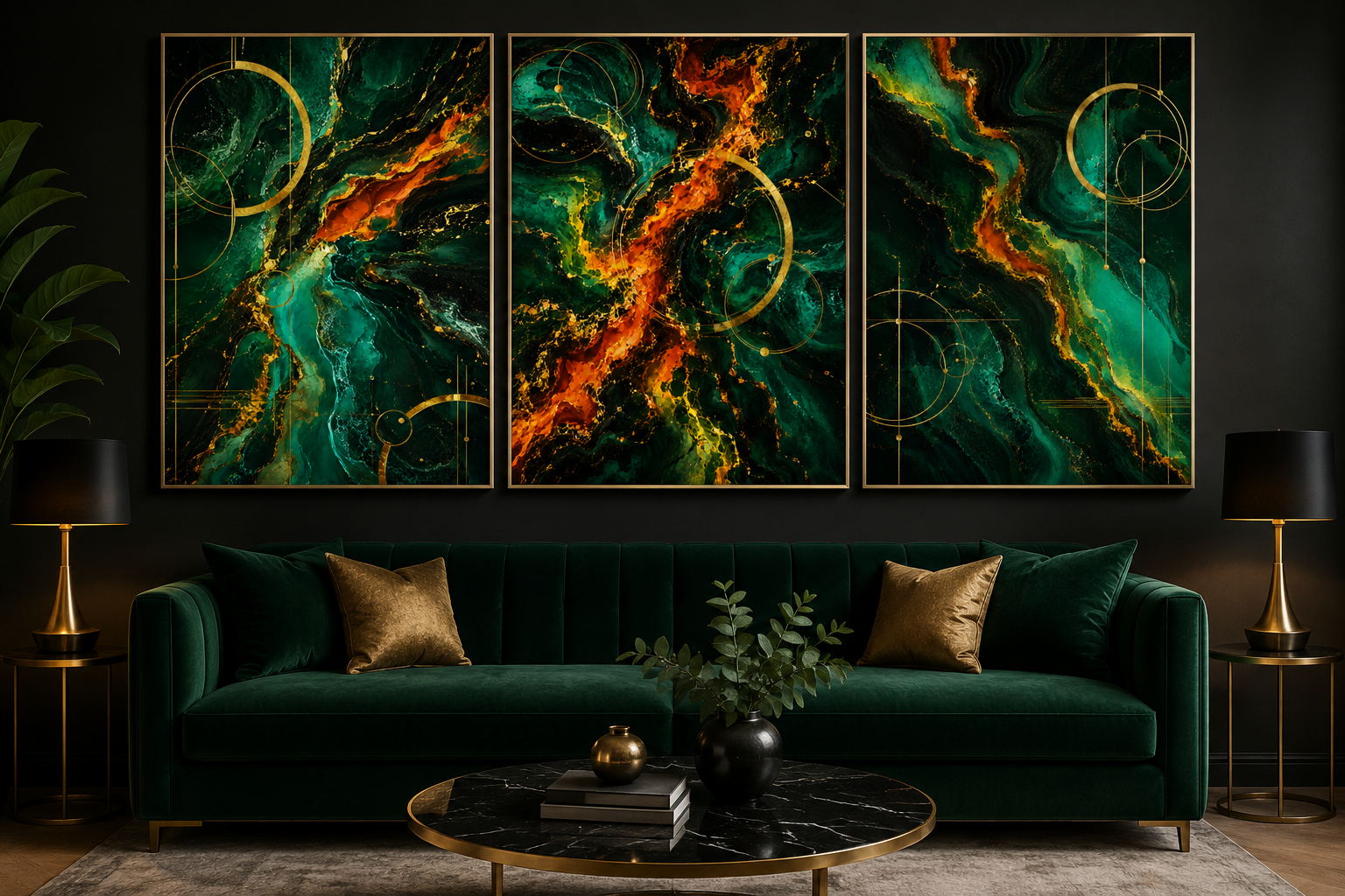 Emerald Magma: Flowing Liquid Marble Collection 3-piece TRIPTYCH WALL ART