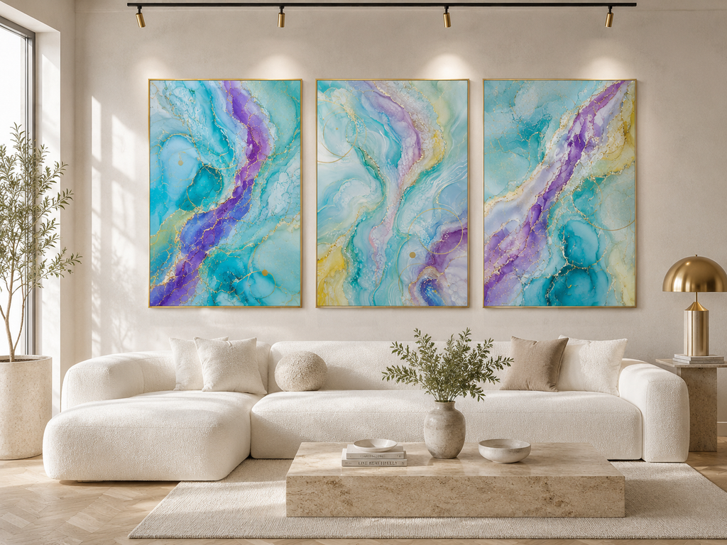 Liquid Aquamarine Pastel Geode Collection TRIPTYCH WALL ART